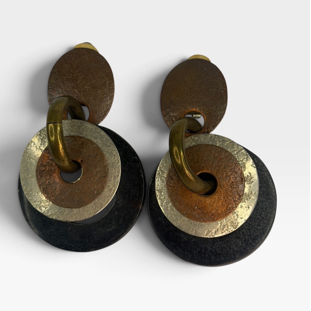 Vintage Baer SF Mixed Metal Brutalist Clip On Earrings Geometric Drop Statement